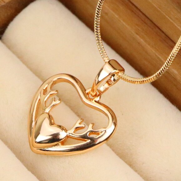 "Heart Shaped Rose Gold Pendant with Antler Design Accent, XPPT1267 - Picture 1 of 13